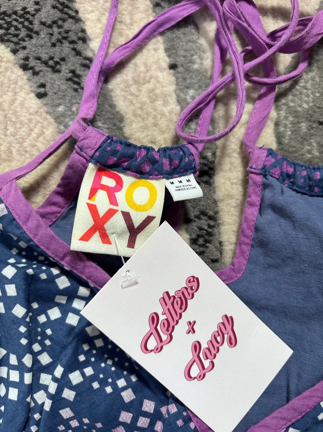 Roxy y2k Mini Dress I Navy & Purple Geometric Print I Tie Back
