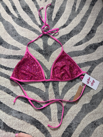 Vintage Skims Hot Pink Sequin Triangle Bikini Top | Size L